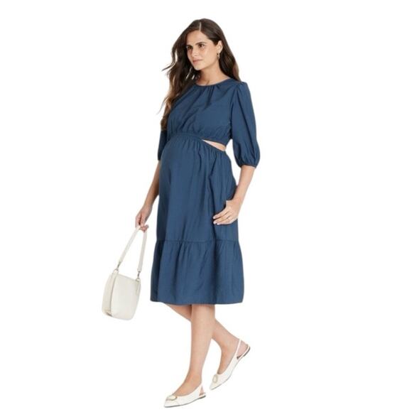 NWT Isabel Ingrid + Isabel Elbow Sleeve Cutout Midi Maternity Dress Navy Small - Picture 1 of 7
